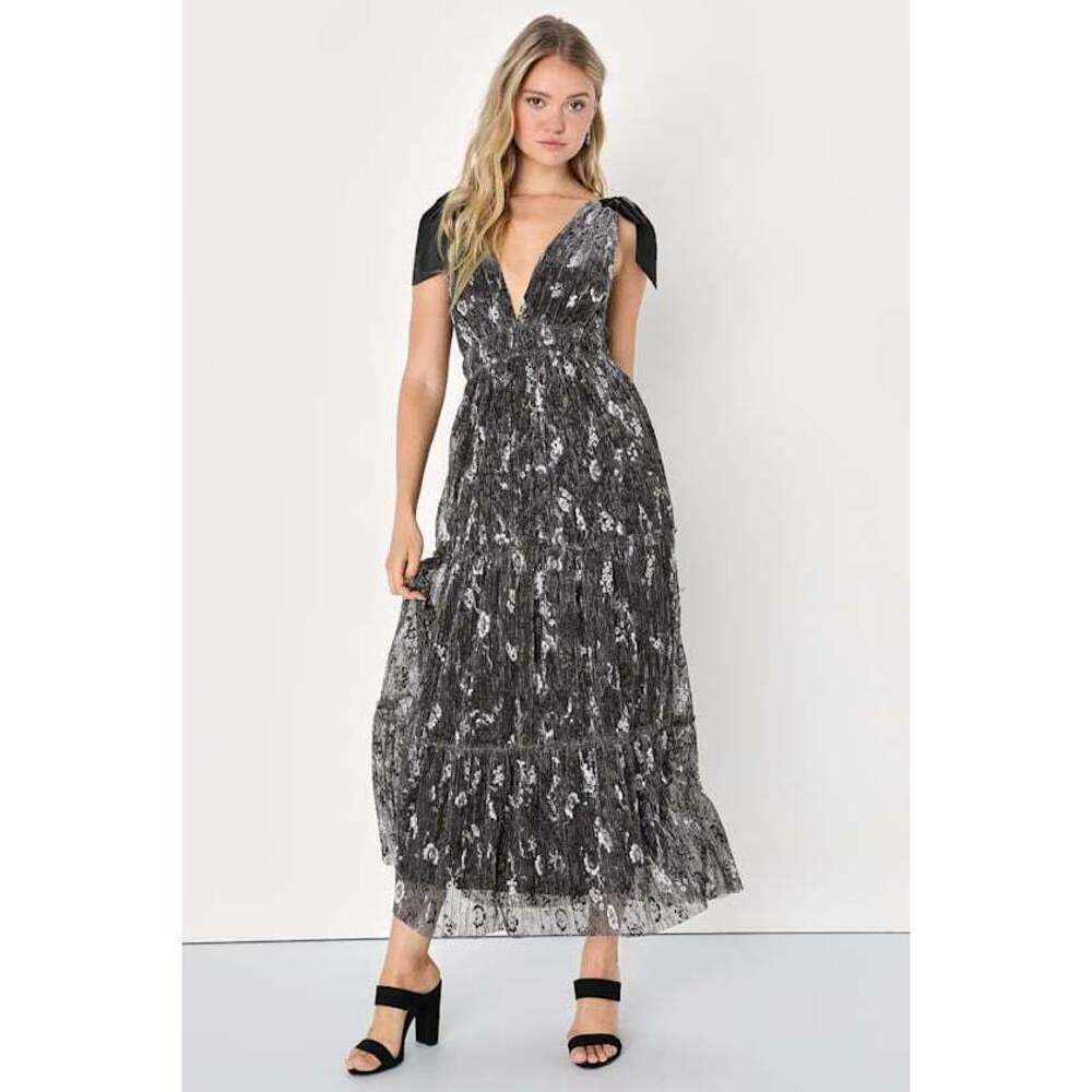 Lulus Guest List Gorgeous Black Floral Lurex Tie-strap Maxi Dress - Size S